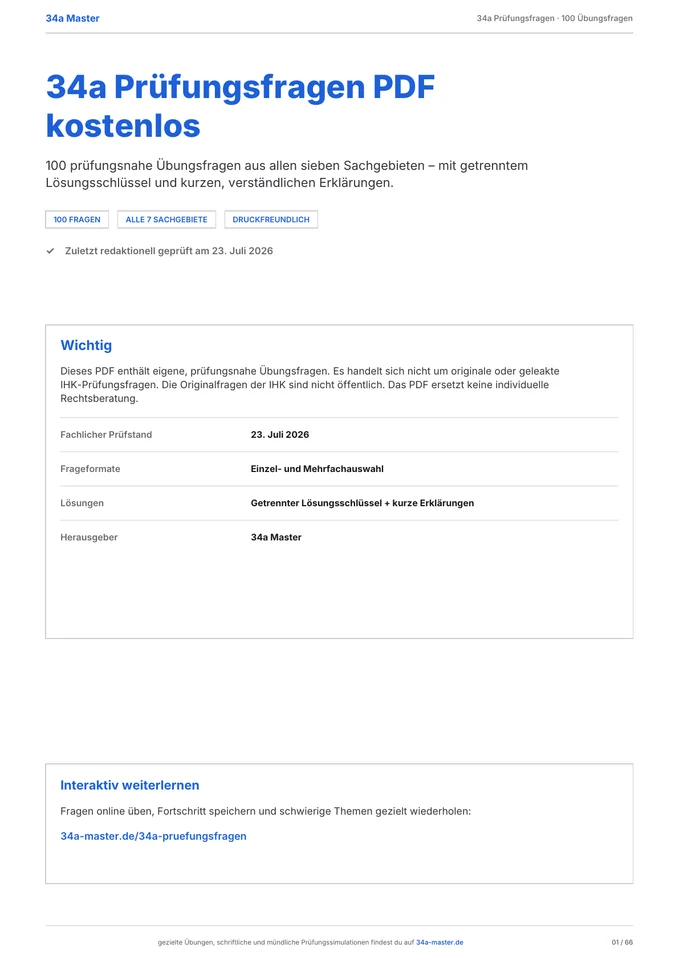 Deckblatt der kostenlosen 34a Prüfungsfragen PDF mit 100 Übungsfragen