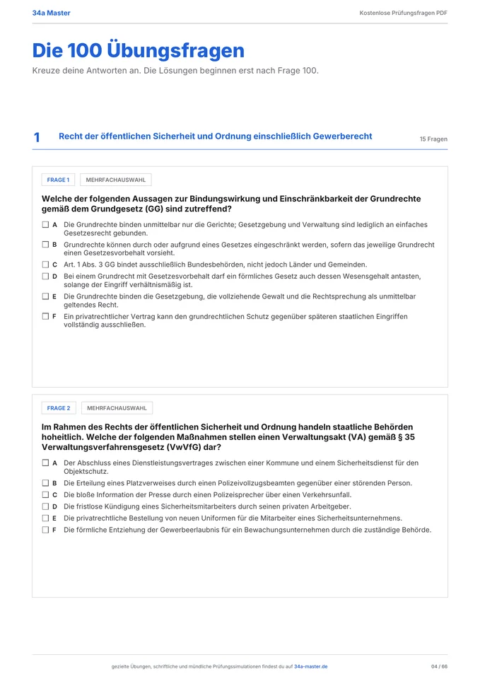 Fragenseite der 34a PDF mit Einzelauswahl- und Mehrfachauswahlaufgaben zum Ankreuzen