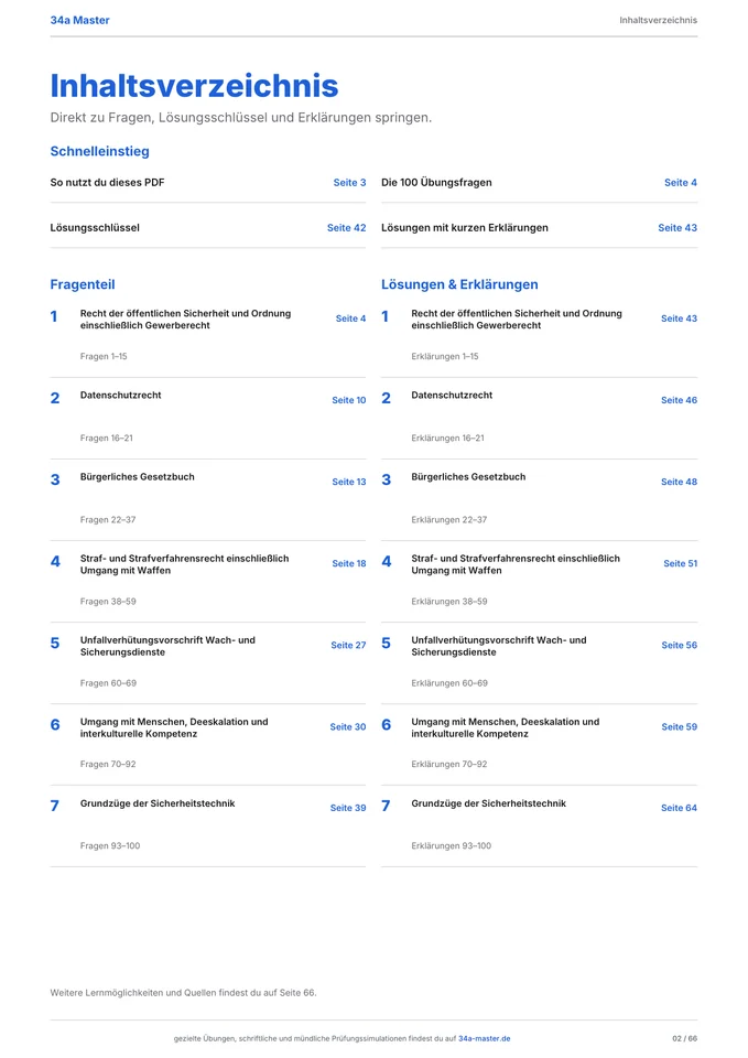 Inhaltsübersicht der 34a Prüfungsfragen PDF mit Aufteilung nach Sachgebieten