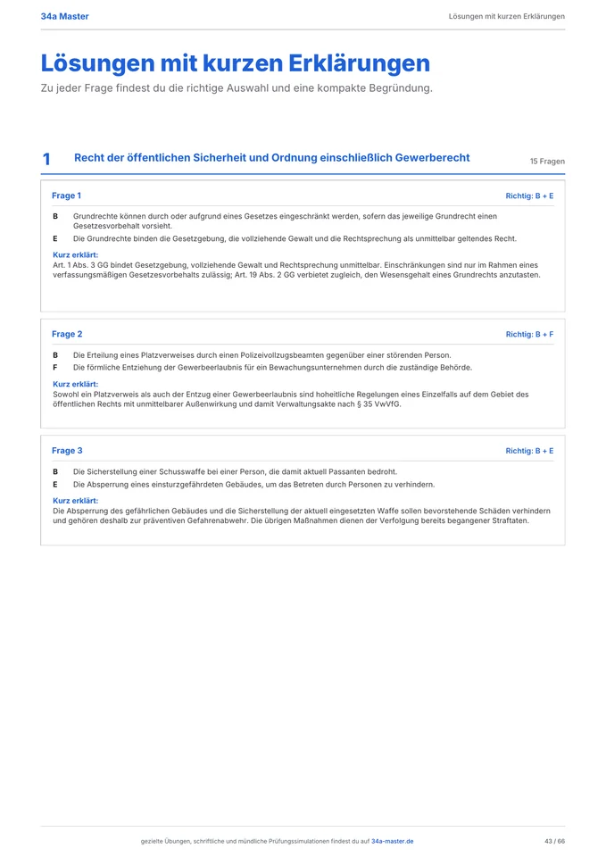 Lösungsseite der 34a PDF mit richtiger Antwort und kurzer Begründung je Frage